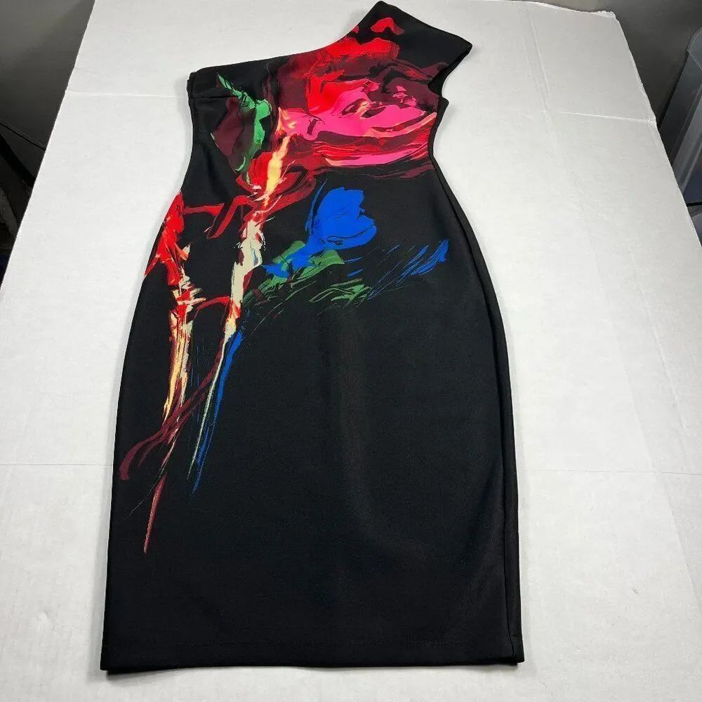 Bisou Bisou Bodycon Dress Floral Slim Fit One Shoulder Vibrant Cocktail Party 6